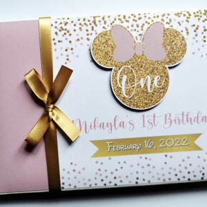 Pink and Gold Minnie mouse 1st birthday guest book, Polka dot First Birthday, gold glitter minnie head, minnie birthday gift for girl
