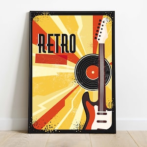 Cartel de música retro, cartel de música vintage abstracto, impresión de guitarra de música retro, cartel de disco de vinilo vintage retro, decoración de pared retro, regalo