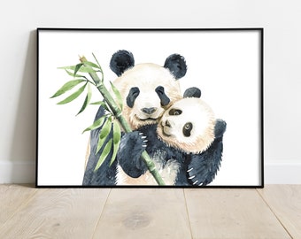 Aquarel pandaprint: muurkunst moeder en baby panda