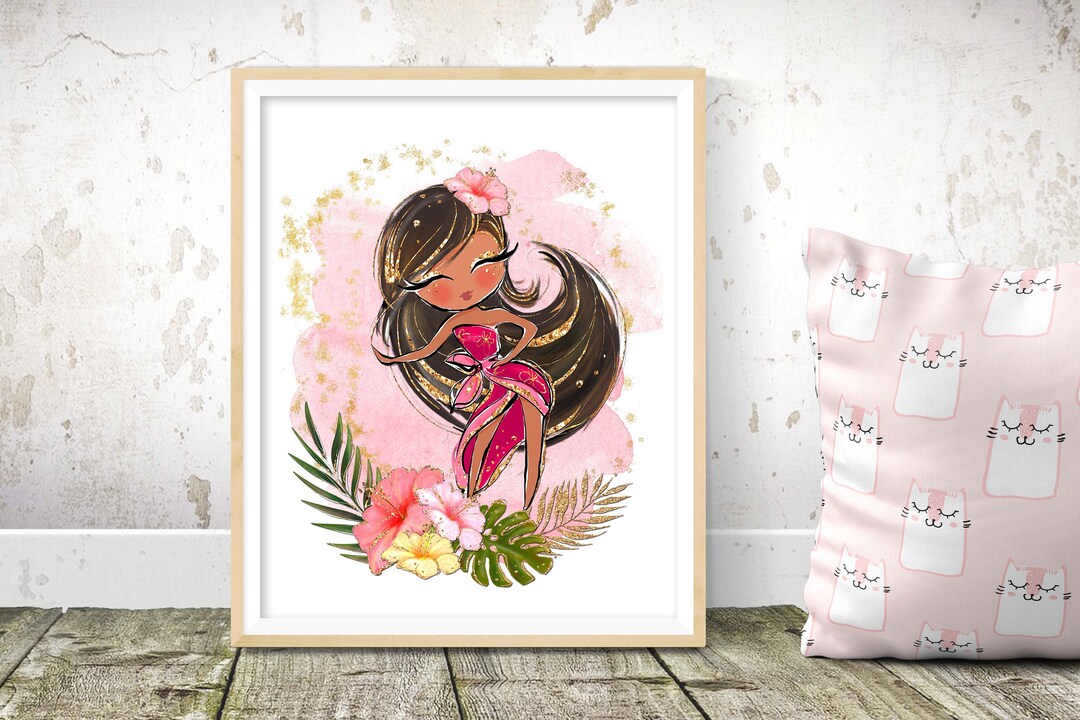 Tropical Hula Girl Wall Print Hawaiian Hibscus Girl Wall Art Etsy