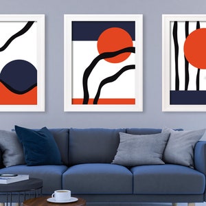Abstract scandi art prints, orange navy black organic shapes wall art, abstract wall decor, abstract living room wall art, abstract art
