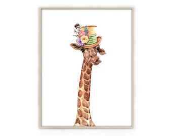 Grappige girafkunstprint: giraf met hoed, dierenmuurdecoratie