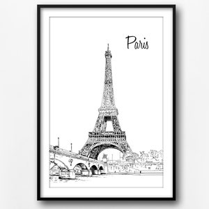 Paris Illustration Druck, Paris Skizze, Wohnkultur, französische Sehenswürdigkeiten Zeichnung, Reiseplakat, Paris Kunstdruck, Eiffelturm Druck, Geschenk