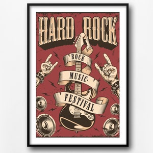 May include: A vintage-style poster with the text "Hard Rock" in a bold font. The poster features a red background with a black electric guitar, two hands making the rock and roll hand gesture, and two speakers. The text "Rock Music Festival" is written on a ribbon wrapped around the guitar.