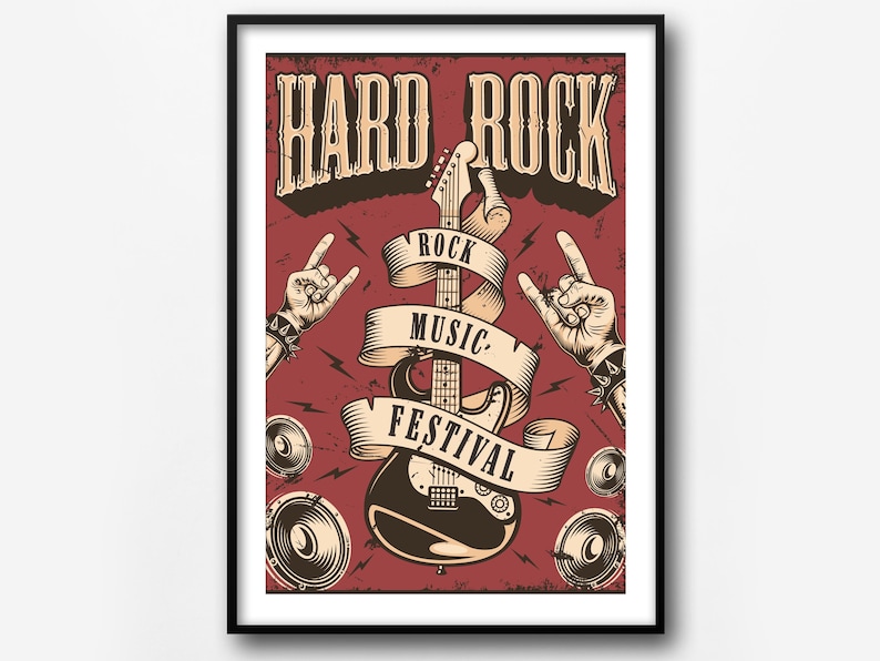 May include: A vintage-style poster with the text "Hard Rock" in a bold font. The poster features a red background with a black electric guitar, two hands making the rock and roll hand gesture, and two speakers. The text "Rock Music Festival" is written on a ribbon wrapped around the guitar.
