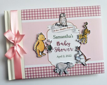 Personalised Classic Winnie the Pooh girl Baby Shower guest book, pink classic winnie the pooh scrapbook, girl baby shower gift