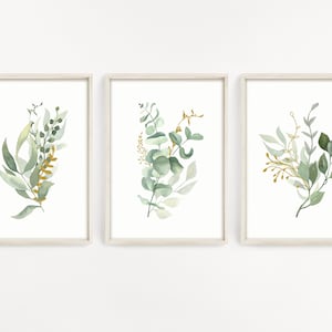 Greenery wall art prints, botanical wall art, gold and green leaves wall decor, greenery artwork, plants prints, plant lover gift