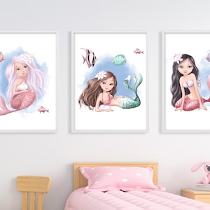 Mermaid wall art prints, Mermaids nursery wall decor, Watercolour mermaids nursery wall art, Girls's room decor, Girl's watercolour prints