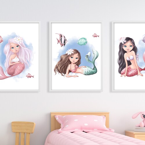 Mermaid Wall Art Prints Mermaids Nursery Wall Decor Etsy