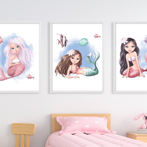 Mermaid wall art prints, Mermaids nursery wall decor, Watercolour mermaids nursery wall art, Girls's room decor, Girl's watercolour prints