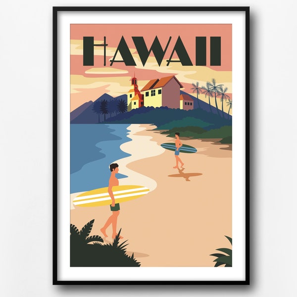 Hawaii travel poster, retro travel poster, Hawaii surfing travel poster, home decor, travel wall print, gift