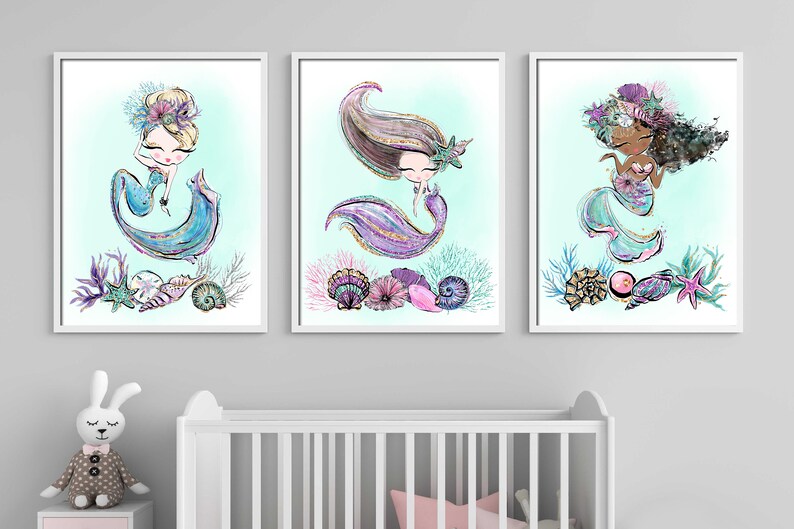 Mermaid Nursery Wall Prints Mermaid Nursery Wall Decor Etsy