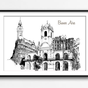 Buenos Aires city drawing, Buenos Aires sketch, Argentina drawing, illustration, Buenos Aires signed print, Italy art print