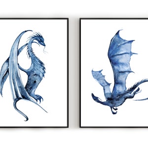 Dragons watercolour prints, dragon prints navy, dragon wall art, dragon prints, dragon art poster, dragon artwork, dragon illustration, gift