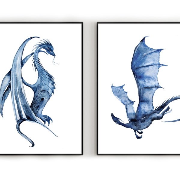 Dragons watercolour prints, dragon prints navy, dragon wall art, dragon prints, dragon art poster, dragon artwork, dragon illustration, gift