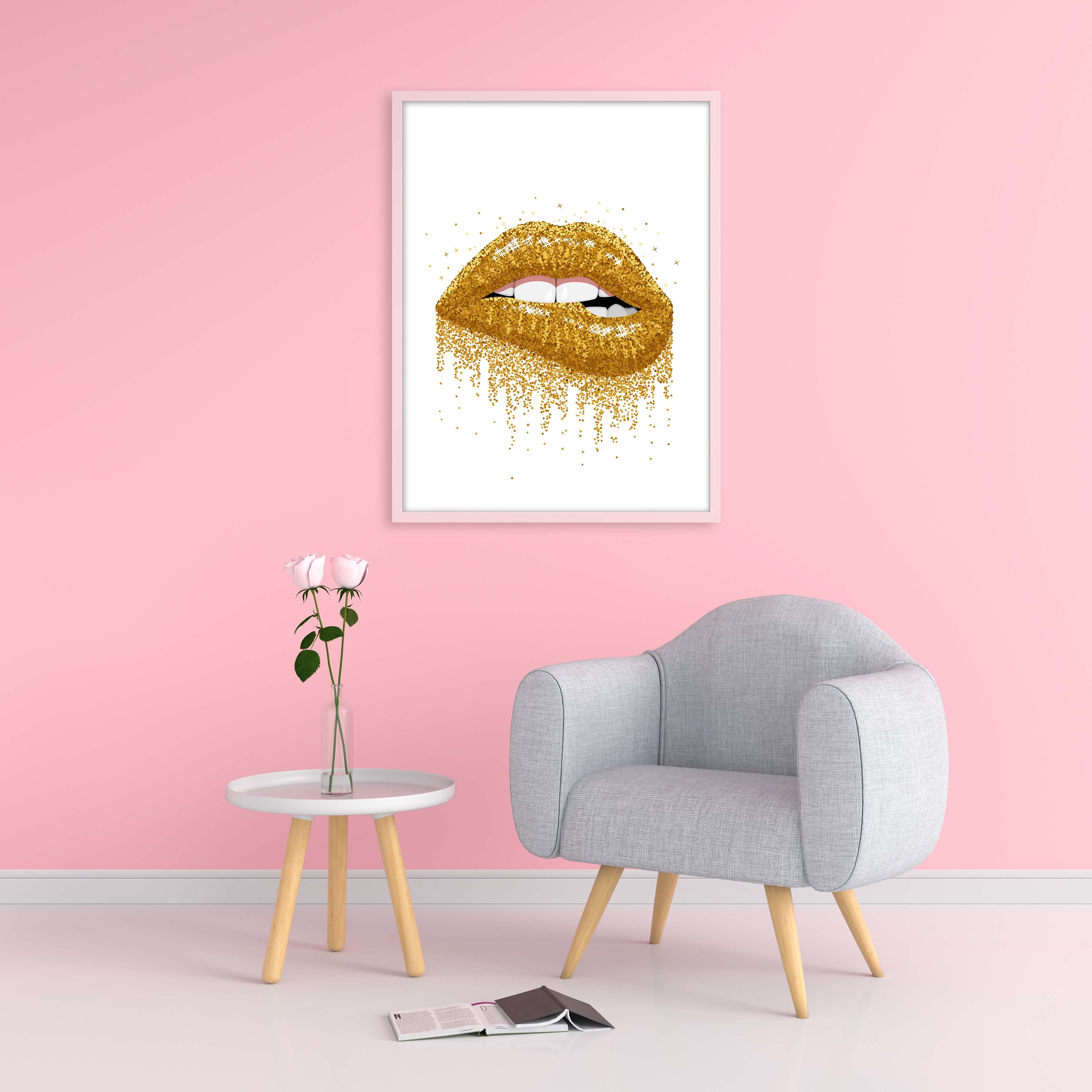Lips Print Gold Glitter Fashion Lips Print Bite My Lip Wall - Etsy UK