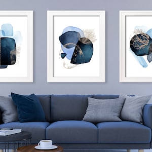 Blue abstract wall art, navy, blue and gold wall prints, abstract wall art, abstract living room wall decor, abstract art