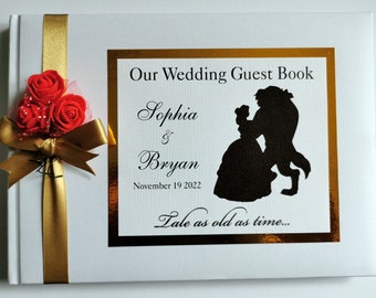 Beauty and the beast personalised wedding guest book with roses / gold / Beauty and the beast sign in book - any colour