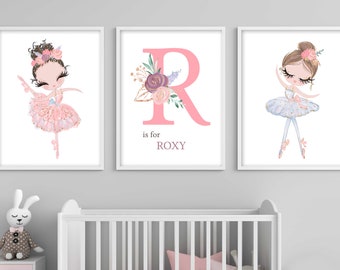 Ballerina nursery prints, Brunette Ballerina wall decor, Ballerina personalised name nursery wall art, Girls's room wall decor