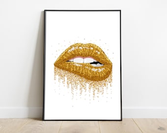 Lips print, Gold glitter fashion lips print, Bite my lip wall print, womens lips poster, sparkling lip print