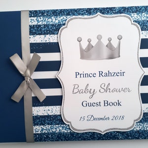 Blau Silber Baby Shower Gästebuch für Jungen, Prinz Baby Shower Gästebuch, kleines Prinzen Album, Babyparty/Geburtstagsschild im Gästebuch