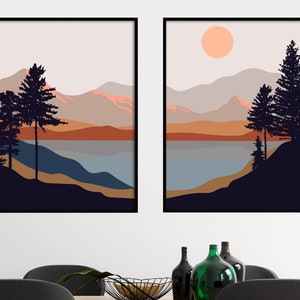 Mountain wall art, Forest landscape prints, Sun and mountain abstract landscape, earth tones living room wall art, mountain landscape prints