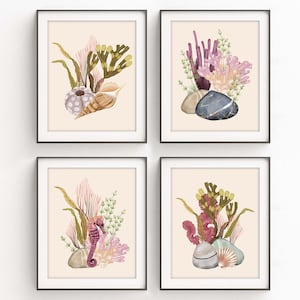 Op de afbeelding: Vier ingelijste kunstdrukken met aquarel illustraties van het zeeleven. Elke print toont een unieke opstelling van schelpen, koraal, zeewier en stenen in zachte, natuurlijke kleuren. Eén print bevat een zeepaardje.