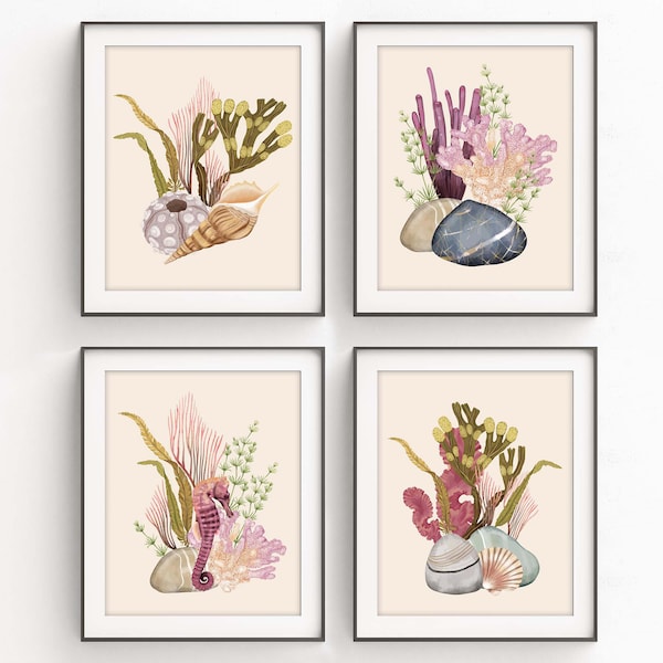 Seashells Wall Art Prints: Beach Bathroom Nautical Decor