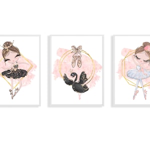Ballerina wall prints, Brunette Ballerina nursery wall decor, Ballerina nursery wall art, Swan lake ballerina prints, Girl's room wall decor
