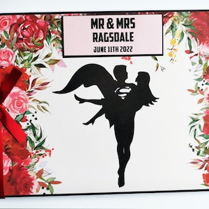 Personalised Superhero with bride wedding guest book, red florals wedding book, comics wedding book with red roses, comics wedding gift