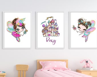 Fairy nursery wall art, Fairies wall prints, Brunette Fairy nursery wall decor, Fairy Castle girls room decor, Girls room wall decor