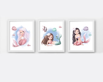 Mermaid Nursery Prints: Watercolor Wall Art, Set of 3 (Digital Download)