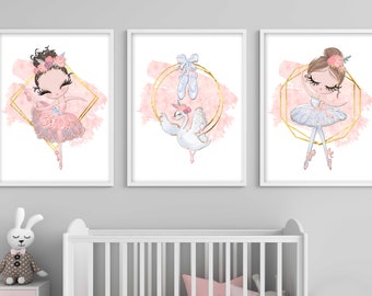 Ballerina nursery wall art, Brunette Ballerina nursery wall decor, Ballerina nursery prints, Ballet dancer prints, Girls bedroom decor