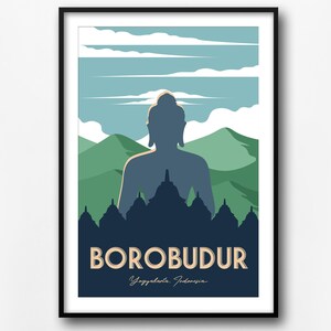 Borobudur vintage travel print, retro travel poster, Borobudur travel poster, home decor, Indonesia travel wall print, landmarks poster