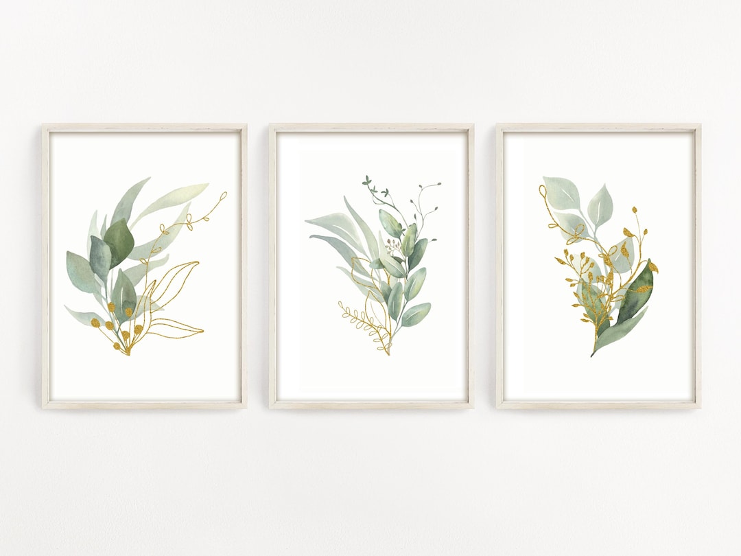 Greenery Wall Prints, Botanical Wall Art, Green and Gold Leaves Wall