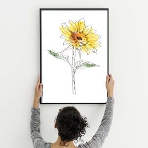 Sunflower print, floral print, yellow flower print, fine line print, flower wall art, botanical print, sunflower decor, sunflower gift