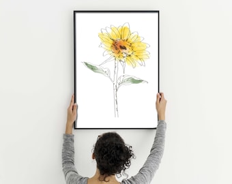 Sunflower print, floral print, yellow flower print, fine line print, flower wall art, botanical print, sunflower decor, sunflower gift