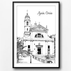 Ajaccio Corsica sketch,  Ajaccio illustration print, home decor, Corsica landmarks drawing, Ajaccio art print, Corsica sketch print, gift