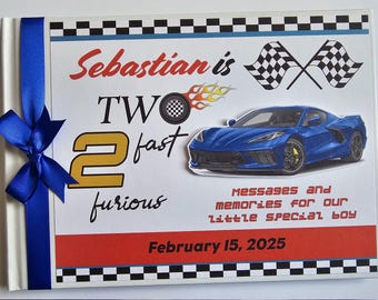 Libro de firmas personalizado para cumpleaños de Two Fast, Two Fast Two Curious, libro de firmas con coche de carreras azul, libro de firmas para cumpleaños de coche deportivo