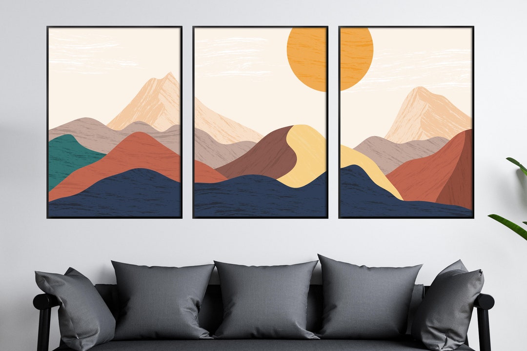 Mid Century Modern Art Prints, Abstract Mountain Landscape Prints, Sun ...