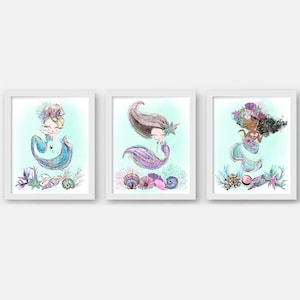 Mermaid wall prints, Mermaid nursery wall decor, Watercolour mermaids nursery wall art, Girls&#39;s room decor, Girl&#39;s room prints, digital