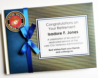 Libro de visitas personalizado para la jubilación del Cuerpo de Marines: Álbum de recuerdos azul marino y dorado
