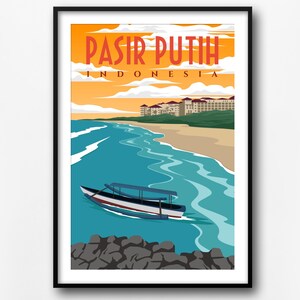 Pasir Putih travel print, retro travel poster, Pasir Putih vintage travel poster, home decor, Indonesia travel wall print, landmarks poster