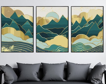 Mid century mountain art prints, minimalistic modern art, Gold and green Landscape prints, Sun and mountain abstract landscape