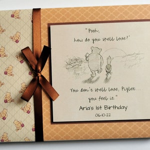 Personalised Classic Winnie the Pooh Baby Birthday guest book, winnie birthdaygift, unisex winnie first birthday guest book