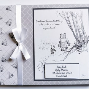 Personalised Classic Winnie the Pooh Baby Shower guest book, baby shower gift, black and white classic winnie guest book, baby shower gift
