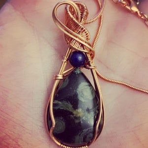 Star galaxy jasper and lapis lazuli in copper wire wrapped pendant