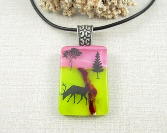 Fused Glass Deer Pendant - Dichroic Glass Stag Necklace - Handmade Animal Jewelry - Glass Buck Pendant - Glass Deer in the Woods Pendant