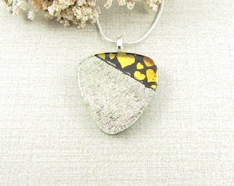 Gold, Yellow, Orange, Black and Red Fused Dichroic Pendant - Triangle Pick Fused Glass Necklace - Glass Heart Pendant - Dichroic Jewelry