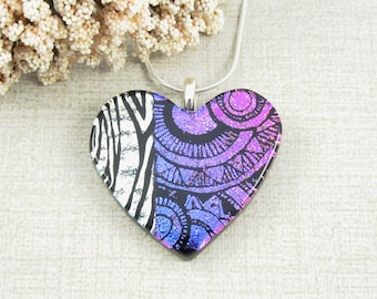 Glass Heart Pendant - Silver, Black, Fuchsia and Blue Fused Dichroic Glass Pendant  Patterned Glass Heart Necklace Dichroic Jewelry